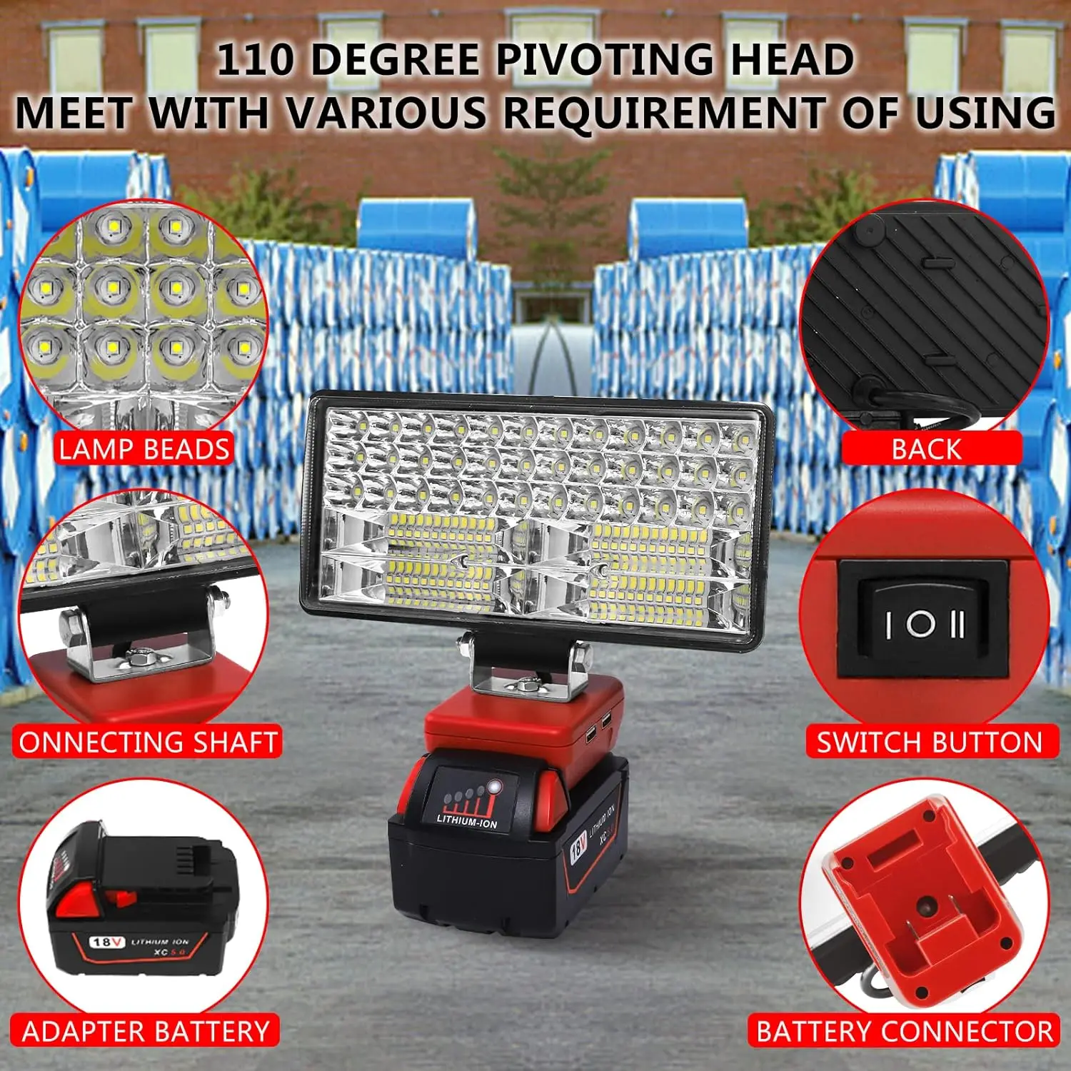 밀워키 18V 리튬 이온 배터리 비상 조명용 35W Led 작업 조명 2개의 USB 포트가 있는 전동 공구 조명