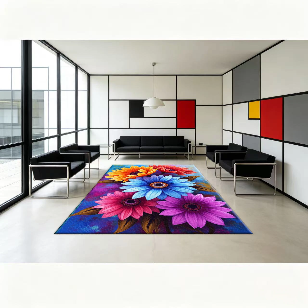 Bright Multi-Colored Daisy Flower Carpet Floor Art Painting Style Living Room Home Wear-Resistant Floor Mat