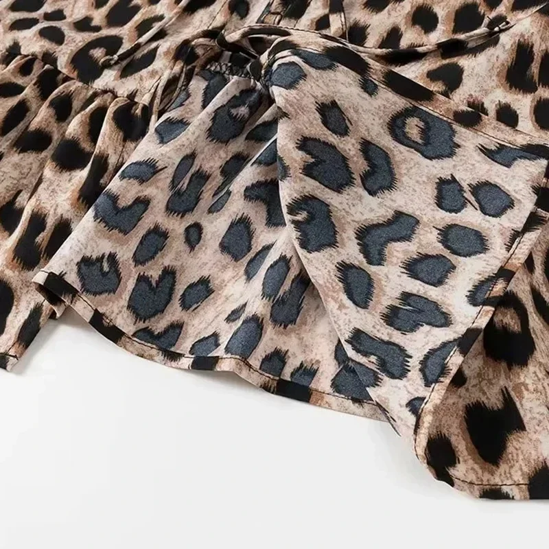 Bonny Leopard 프린트 크롭 탑 여성 퍼프 슬리브 프릴 블라우스 여성 2025 여름 셔츠 및 여성용 블라우스 Ruched Ladies Tops