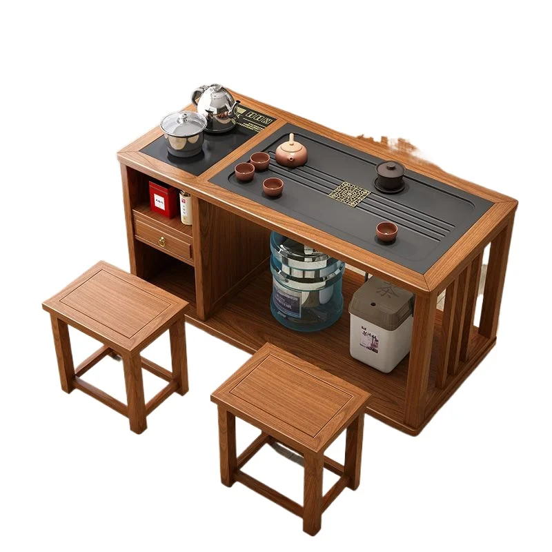 

Movable balcony tea table and chair combination with universal wheel all solid wood tea table