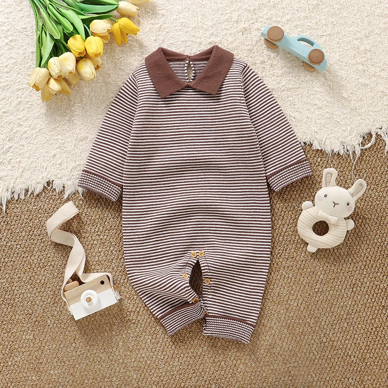 

Newborn Baby Romper Knit Infant Kid Clothes 0-18M Fashion Striped Overalls Playsuit Sweater Girl Boy Jumpsuit Long Sleeve Autumn