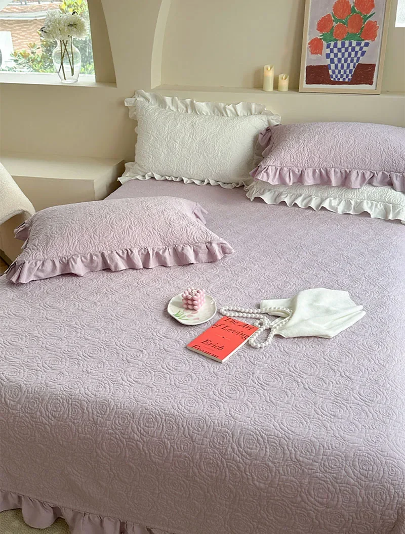 Luxury Cotton Quilt Bedspread, Rose Embroidered Solid Color with Lace Trim, Breathable Coverlet 3-Piece Set for Bed, Home Decor