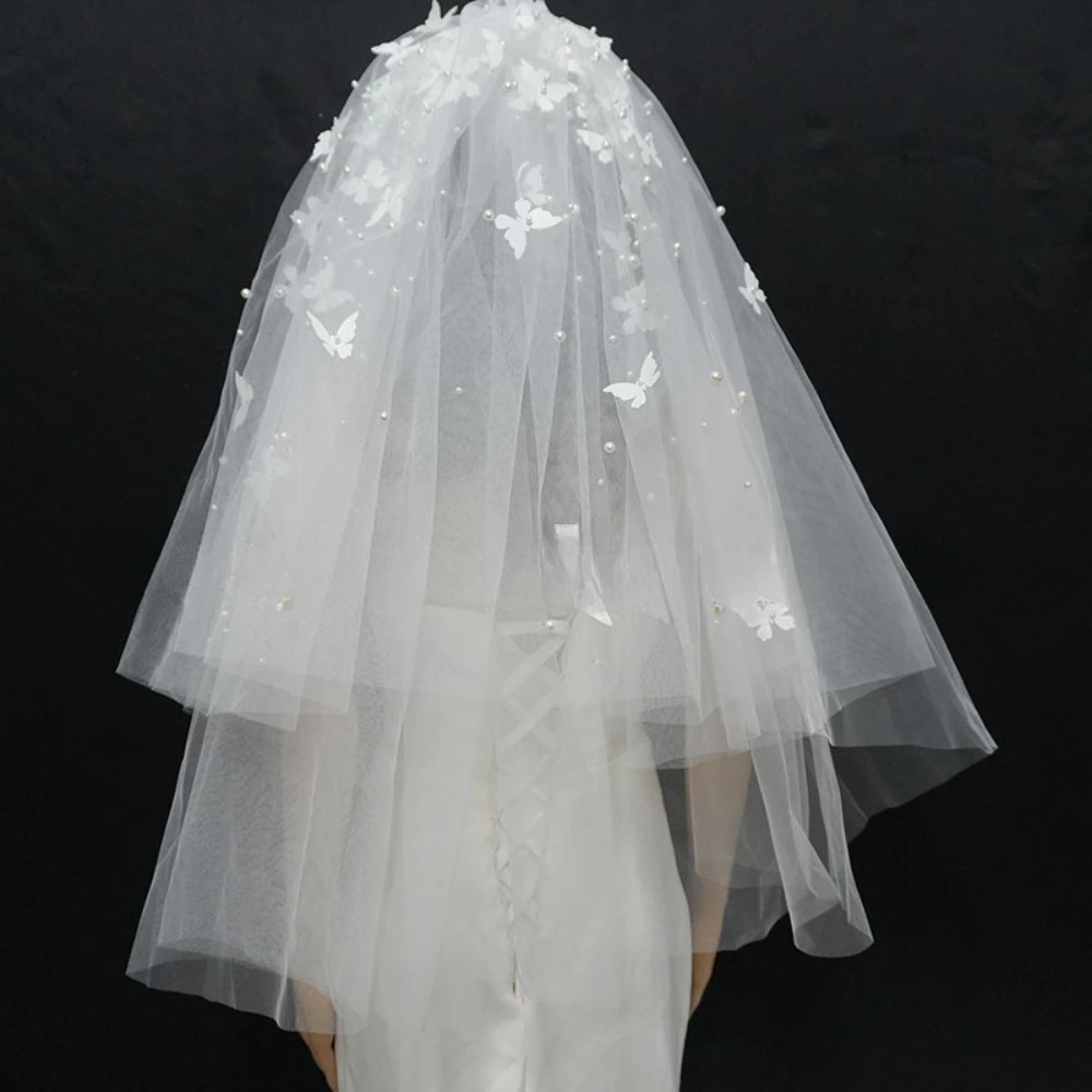 Wedding Shoulder Length Veil with Butterfly and Pearl Decoration Appliqued Two Layers Marriage Wedding Accessories Bride to Be