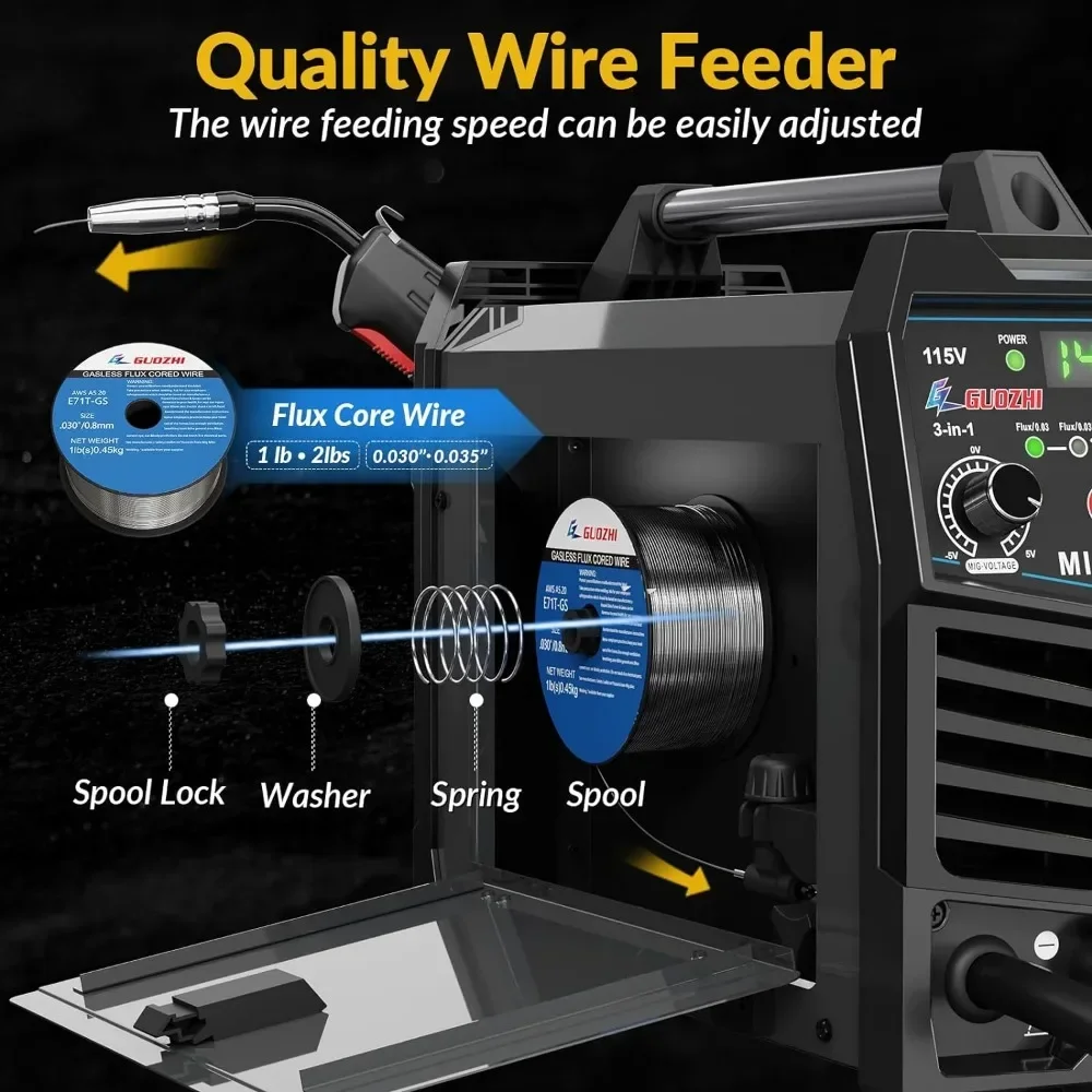 For 140Amp MIG Welder, 110V Flux Core MIG/Stick/Lift TIG 3 in 1 MultiProcess Welding Machine with Synergy, IGBT Inverter