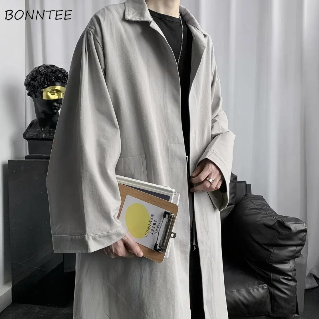 

Мужской тренч с длинным рукавом, осенний, однотонный, универсальный, в уличном стиле, винтажный, черный, свободный крой, для студентов, верхняя одежда, 4 цвета, модные пальто, новинка