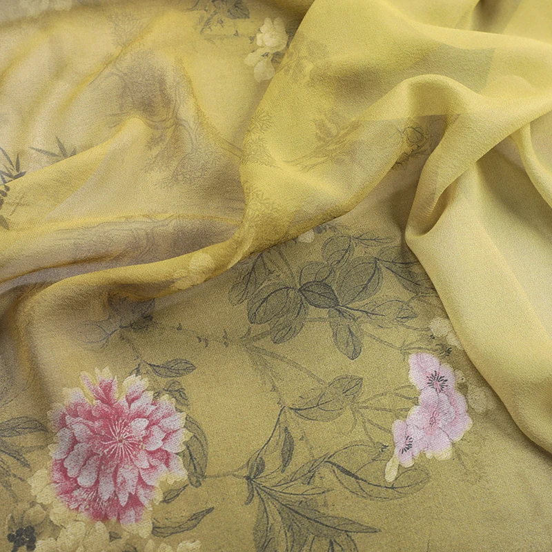 Tissu fin d'été pour robe et pantalon, chemise Cheongsam, 140cm de large, 10mm, injGeorgette, imprimé pivoine douce sur tissu jaune, R247