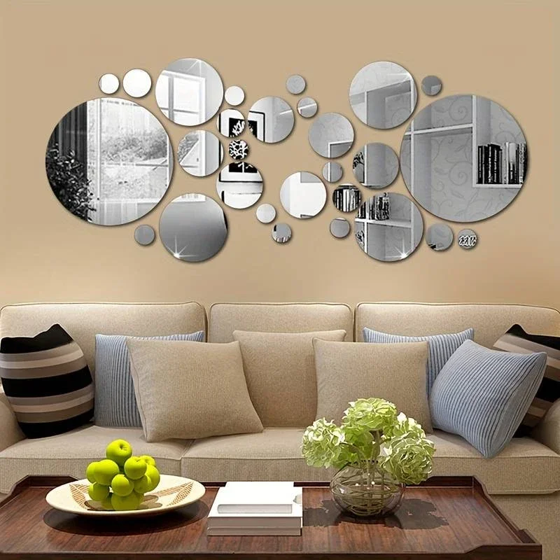 26 PCs 3D Acrylic Mirror Wall Stickers, Round Mirror, DIY Bedroom, Bathroom and TV Backroom Stickers Wall Decoration