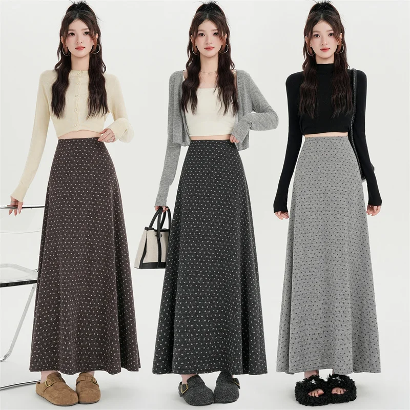 Korean Lazy Style Ditsy Dot Knit Long Skirt Women High Waist A-line Swing Maxi Skirt Elegant Slim Flowy Midi Skirt