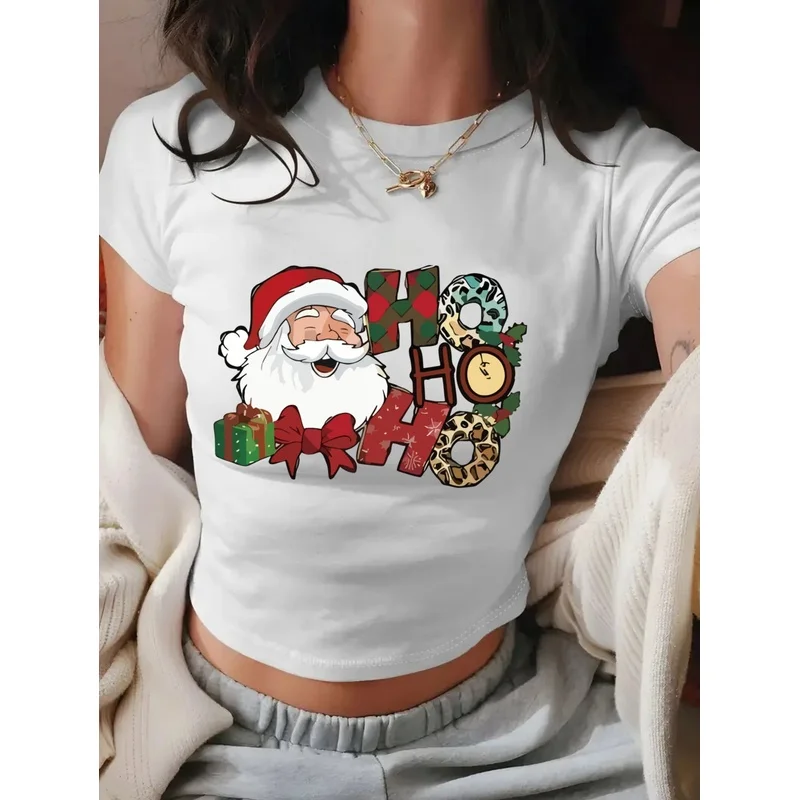 Women Black Christmas Crop Top Santa HO HO HO Print Short Sleeve Slim Y2K Holiday Tee
