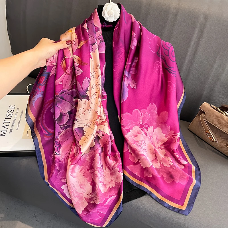 Spring Autumn Sun Resistant Travel Shawl Purple Flower Printed Woman Fashion 110cm Square Imitated Silk Hijab Scarf