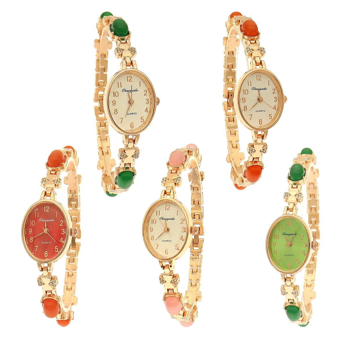 

5Pcs/Lot Women High-End Colorfuled Gemstones and Rhinestones Bracelet Wristwatch Quartz Women Watch