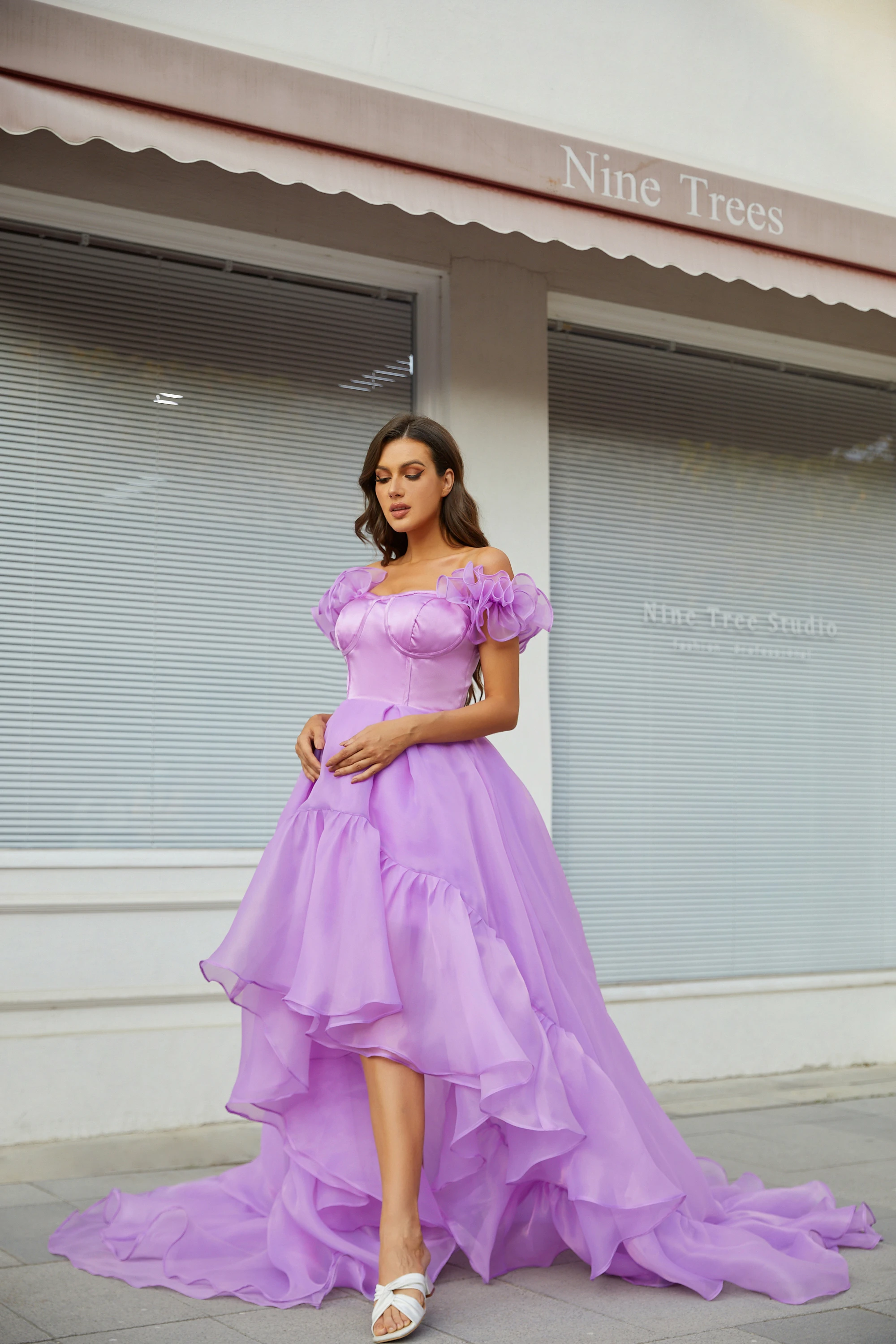 

Maternity Light Purple Prom Dresses Off Shoulder Sleeveless Evening Dress Custom Made Ruffles Lace Up Party Gown