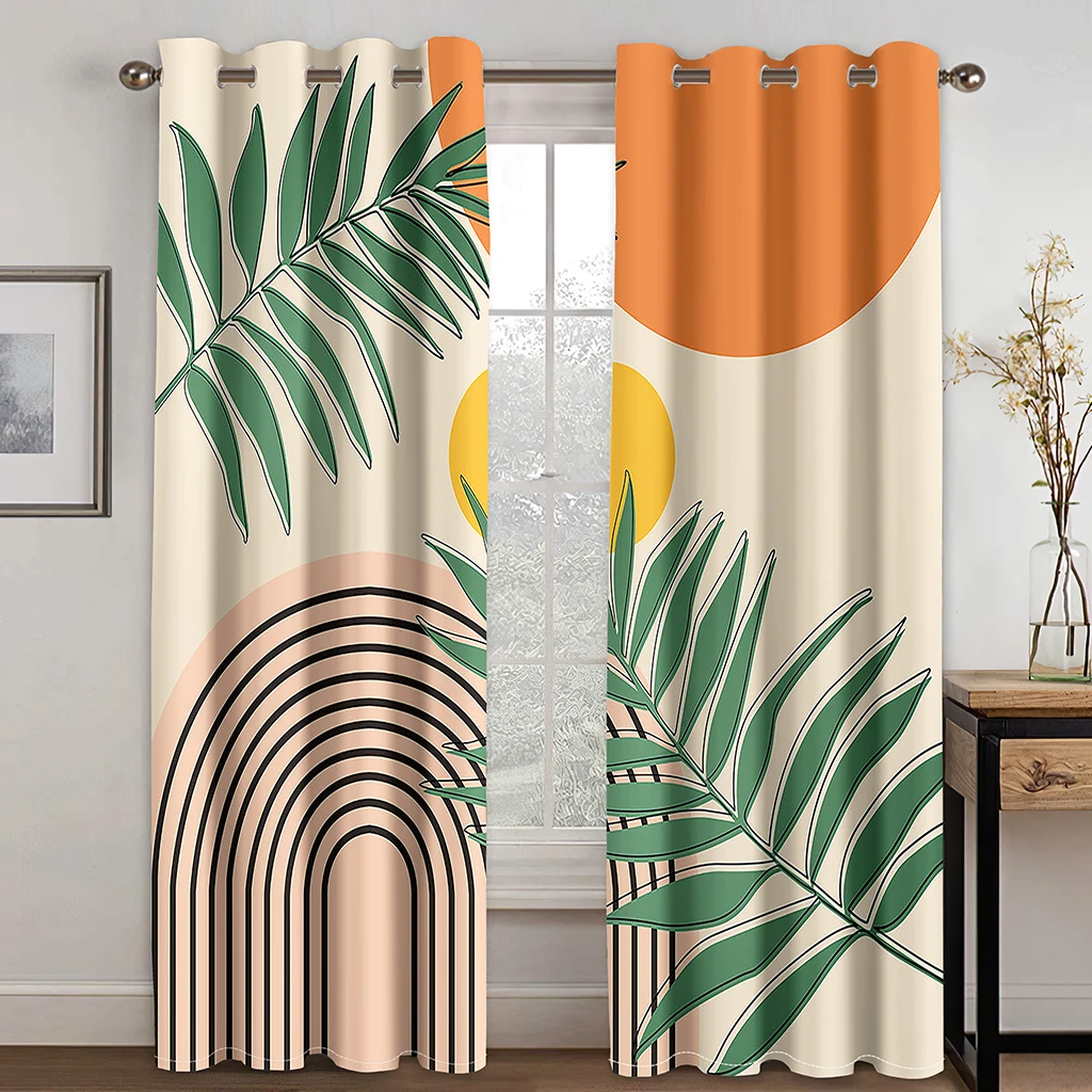 2pcs Abstract Boho Mid Century Curtain Modern Minimalist Geometric Palm Leaves Floral Plant Drapes Decor For Bedroom Window