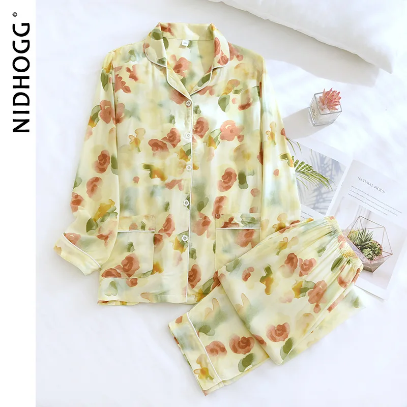 Nuovo 100% viscosa pantaloni a maniche lunghe pigiama vestito Plus Size lungo pigiameria casa delle donne pigiameria cotone seta due pezzi Set