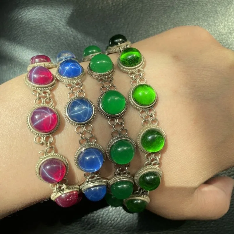 

925 Tibetan Silver Bracelet, Handcrafted Cabochon Gem Inlay, Vintage Ethnic Wrist Bangle, Versatile Unisex Fashion Accessories
