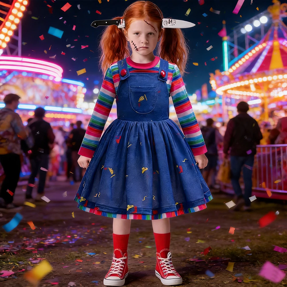 

Кукла-призрак из фильма ужасов, костюм для косплея с аксессуарами, комплекты на Хэллоуин для детей, платье для выступлений, праздничные платья для девочек