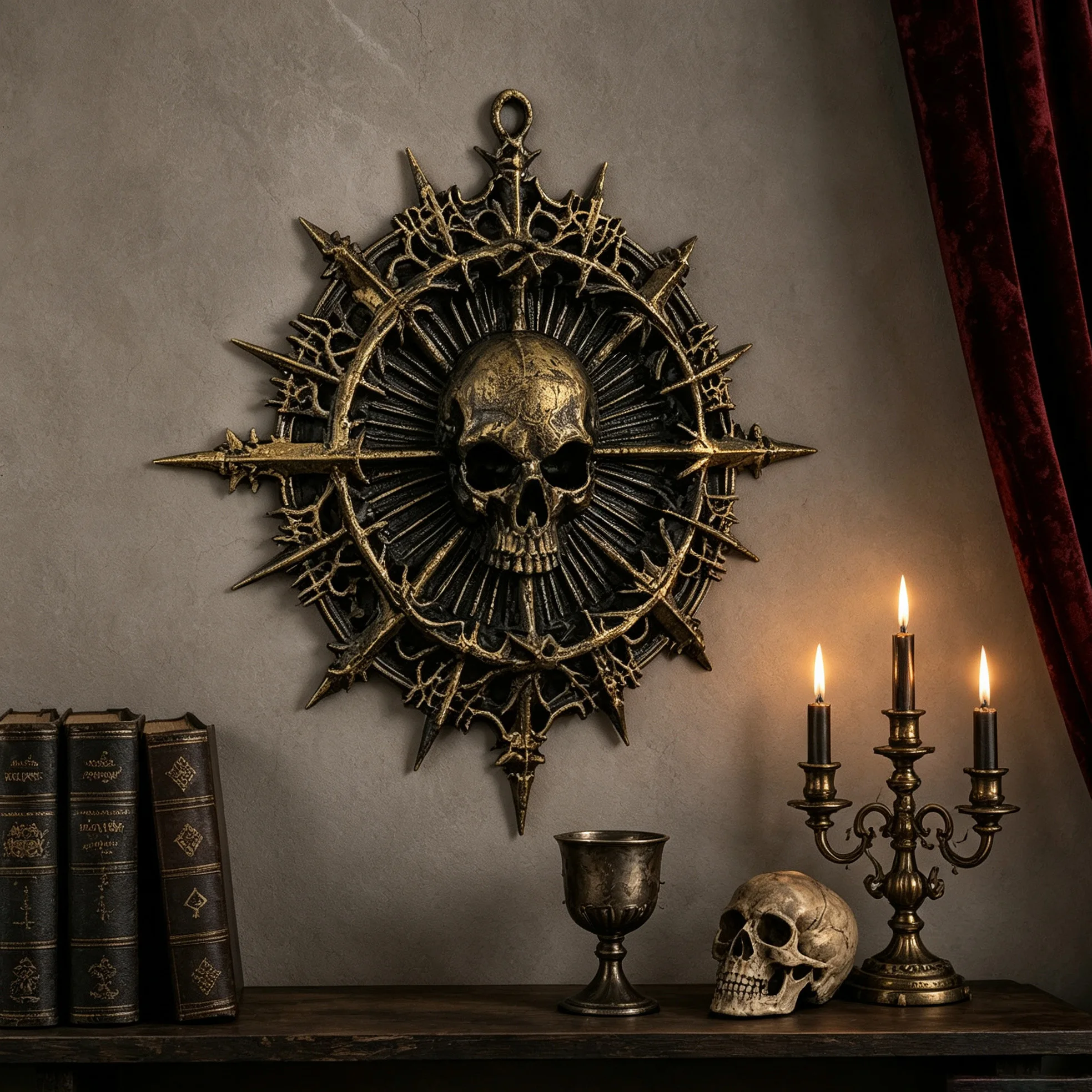 Cross‑border Vintage Aged Bronze Skull Starburst Wall Plaque Gothic Dark Carved Wall Hanging Halloween Home Decor