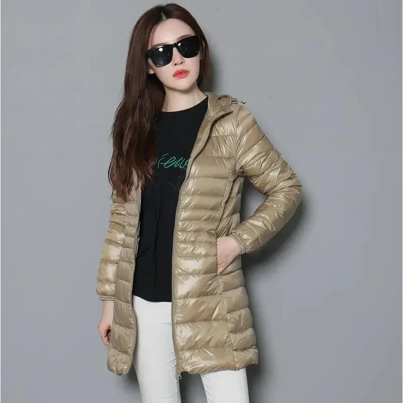 0-10 ℃   Winter Jackets Women White Duck Down Long Coat Female Hooded Quilted Parkas Ultra Light Portable Down Coats for Women