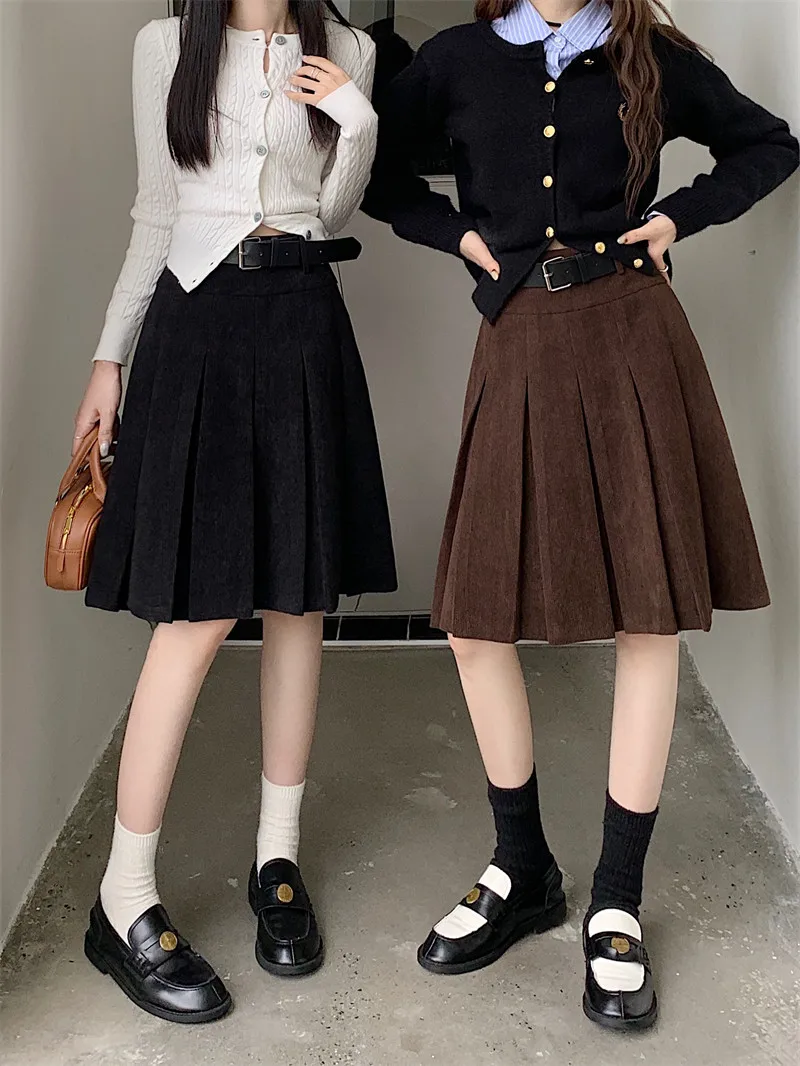 Woman Japanese Gothic High Waist Pleated Skirt  for Women Vintage Solid Cargo Skirts Female Elegant Autumn Winter Skirts D924