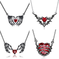 Gothic Punk Bat Wings and Heart Shaped Resin Pendant Necklace - Dark Fantasy Style Alloy Chain, Halloween Women’S Gift, Casual Fashion Accessories