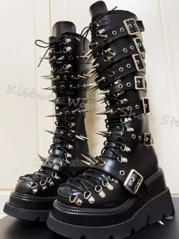 Nity Knee High Boots Gothic Rock Punk Elegant Concise Fashion Genuine Leather Belt Buckle Round Toe Women Shoes New Hot Girls