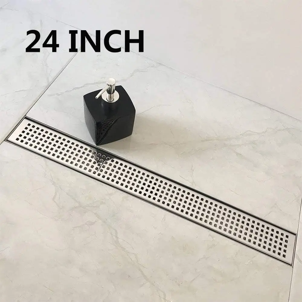Polished 304 Stainless Steel Linear Shower Drain Chrome Rectangular Floor Drain Quadrato Grate Leveling Feet Modern Hair