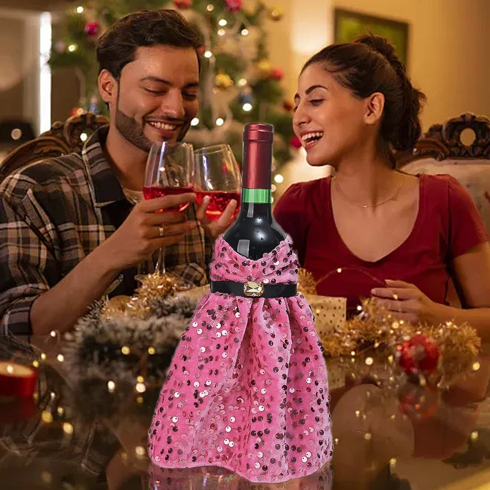 Glitter Wine Bottle Cover Red Dress Clothes Christmas Wine Bottle Bag Xmas New Year Party Dinner Table Decoration Gift Wholesale
