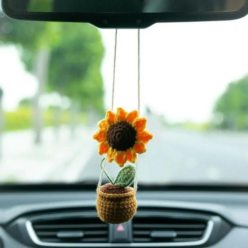 Sunflower Rearview Mirror Accessories Flower Knitted Rear View Mirror Accessories Cute Potted Plant Pendant Not Block The Sight