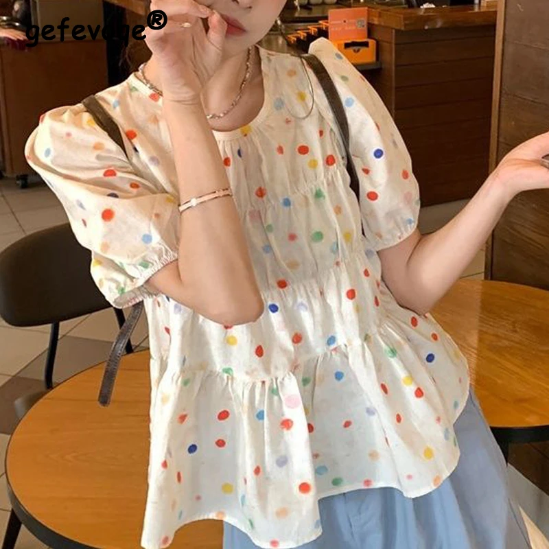 Women Korean Fashion Colored Polka Dot Print Sweet Blouses 2024 Summer Casual Kawaii Short Sleeve Shirts Chic O Neck Loose Tops