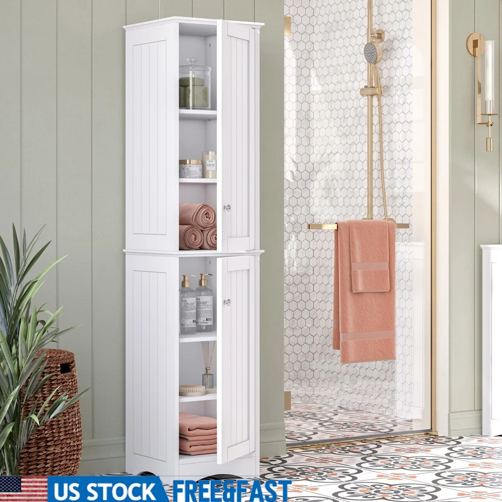

Tall Bathroom Linen Storage Cabinet Organizer with Adjustable Shelves Doors Freestanding Unit Compact Spaces Stylish MDF Design