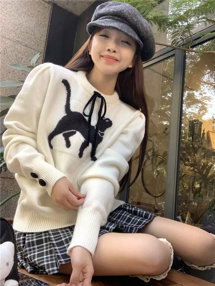 Deeptown Kawaii Cat graficzny sweter damski koreański sweter ze słodką kokardą Kpop casualowy Sueter Mujer bluzki z długim rękawem