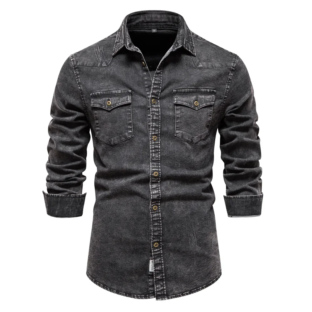 American Men's Clothing, New High-quality Heavy-duty Washed and Distressed Single-breasted Denim Shirt for Autumn and Winter.