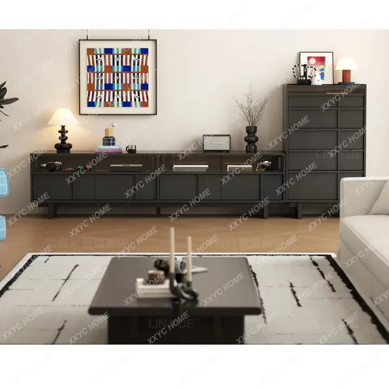 XXWooden Black Tv Stand Modern Narrow Glass Display Long Tv Cabinets Drawers Shelving Accessories