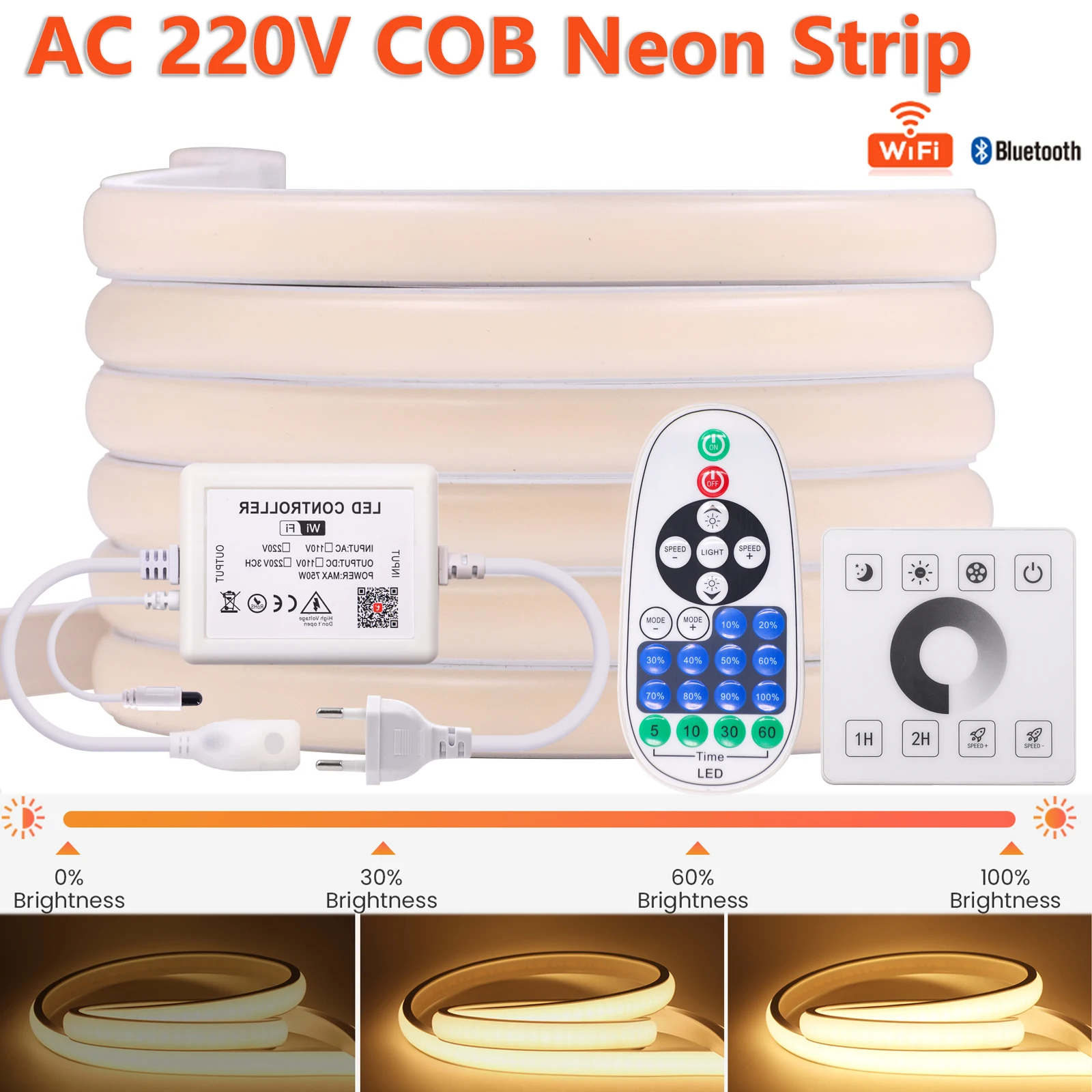 

LED COB Strip 220V High Brightness 288Leds/m Wifi Bluetooth Wall Touch Switch 23Keys Remote Power Kit Waterproof Flexible Tape