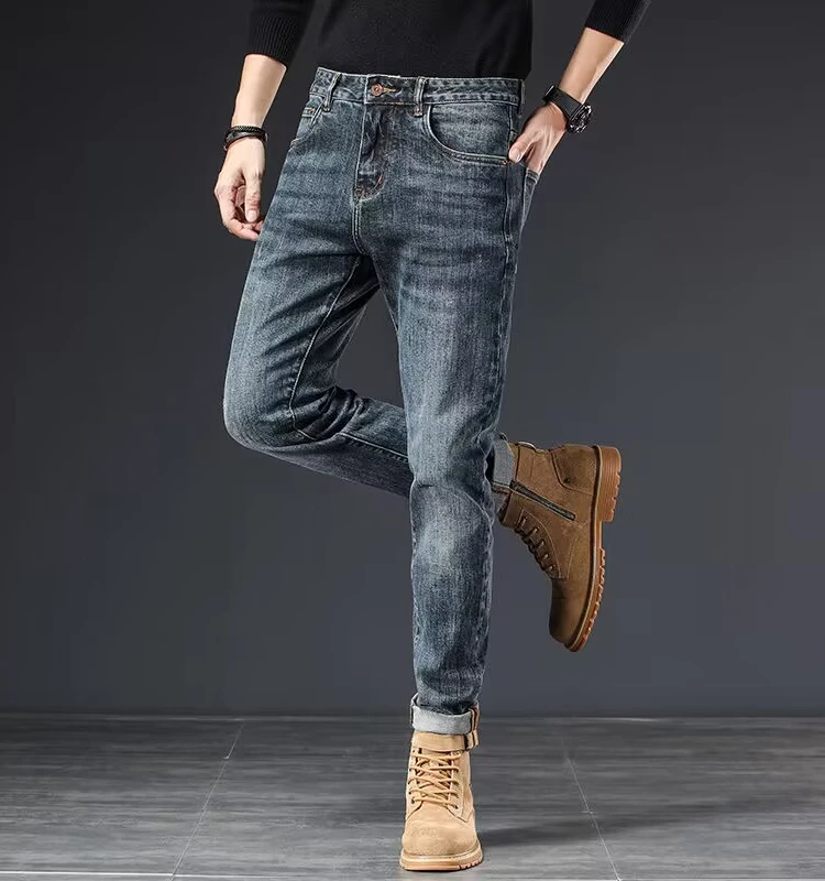 

Мужские джинсы с вышивкой, зауженные, эластичные, повседневные, длинные брюки, осенне-весенние, модные, из хлопкового стрейч-денима, для подростков