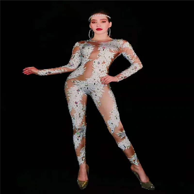 

New Women Sexy Floral Print Long Sleeve Rhinestones Jumpsuit Beyonce Stage Performance Bodysuit Singer Outfit Dance Costume Wear