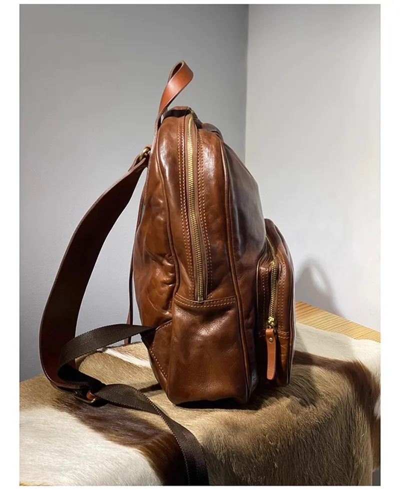 Simple vintage luxury genuine leather men\'s backpacks organizer designer outdoor casual travel real cowhide women\'s schoolbag