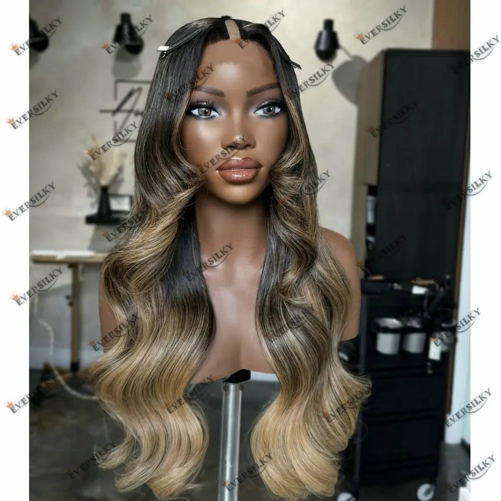 U Part Wig Human Hair Ombre Honey Blonde Hightlight Loose Wave Full Machine Made 1x4 V Part Wig Human Hair Preplucked Glueless