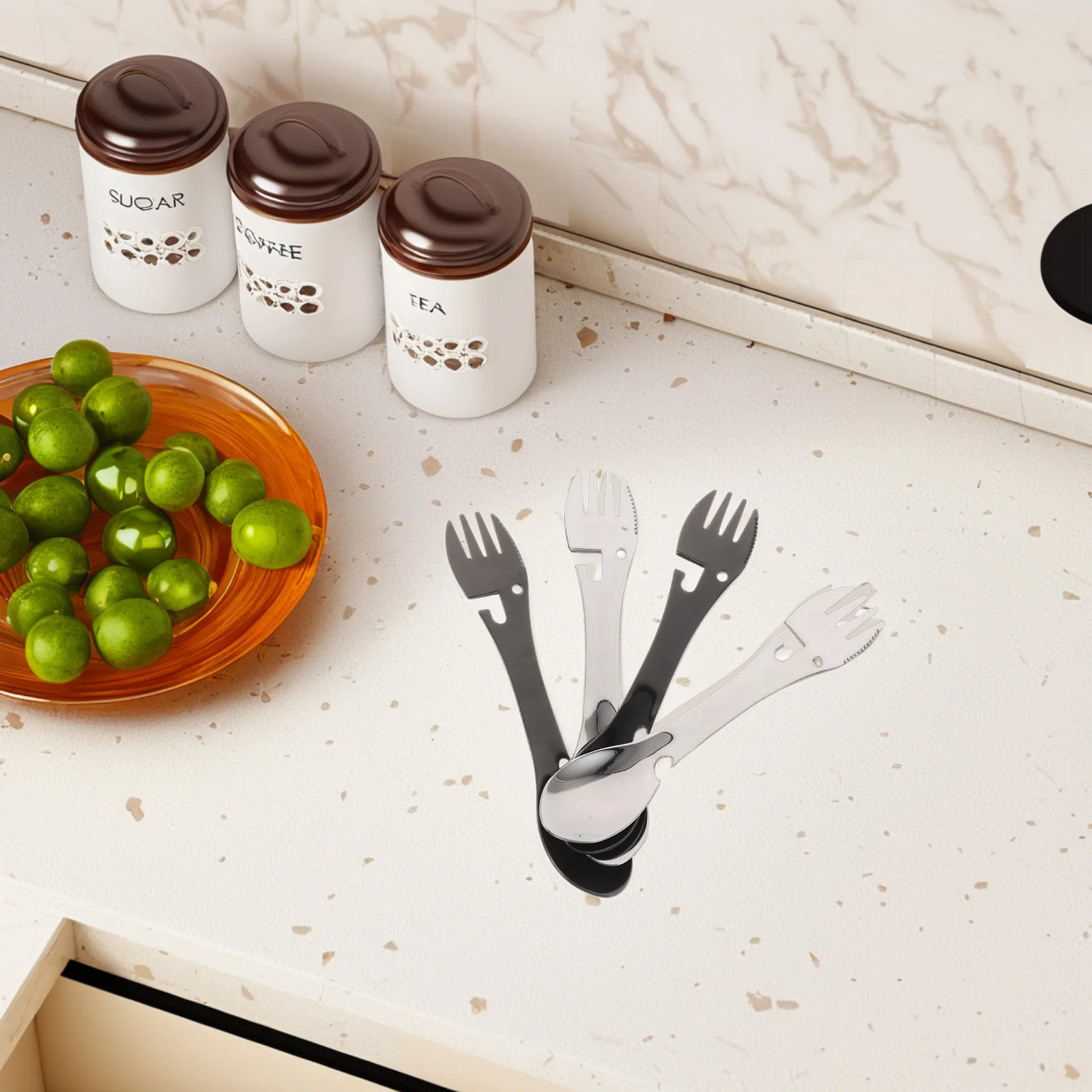 

4Pcs Portable Multifunctional Camping Utensil Set Stainless Steel Spork with Bottle Opener for Outdoor Travel Backpacking