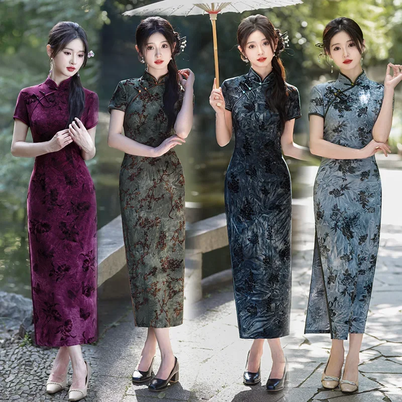 

Женское платье Cheongsam, улучшенное весенне-летнее платье больших размеров, вечерние платья в китайском стиле, длинный костюм Ципао, 4 цвета