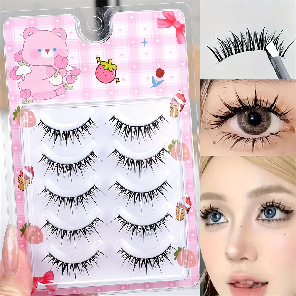 5 Pairs of Comic Wet Eyelashes, Cat Eyes and Natural Style C Rolls, Slim Stem Fairy Tale Comic Style Fake Eyelashes