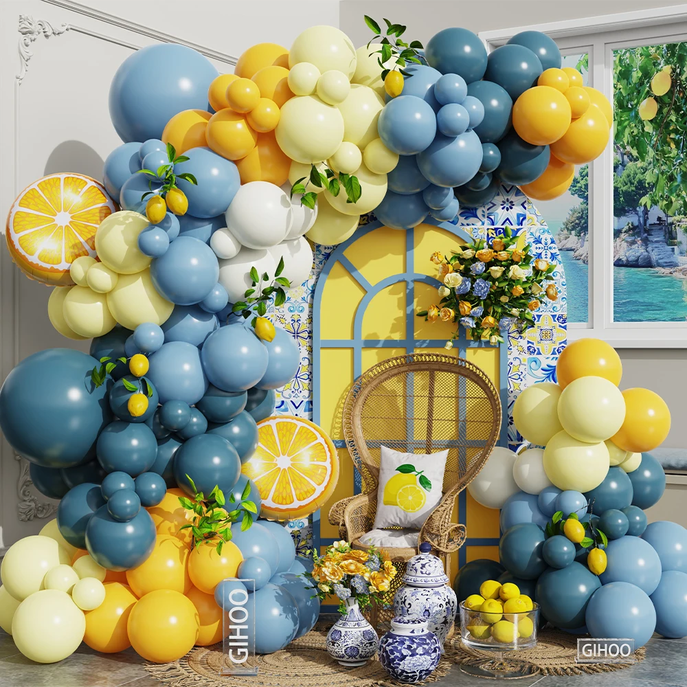Kit d'arc de ballons bleu citron jaune poussiéreux, 121 pièces, ballon en aluminium de citron, décor de fête prénatale, réception nuptiale, anniversaire, remise de diplôme