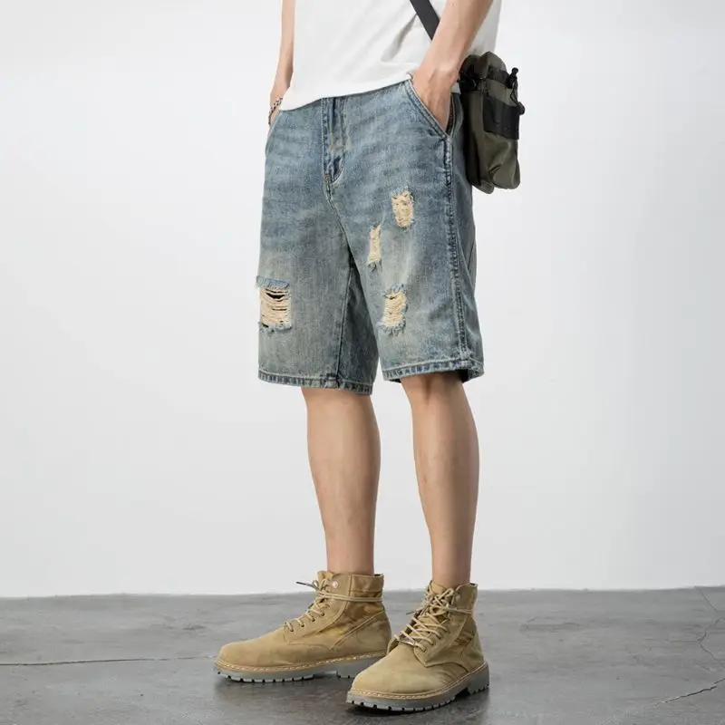 

Men's Ripped Distressed Denim Shorts Vintage Loose Fit Bermuda Shorts Summer Casual Streetwear Jean Shorts