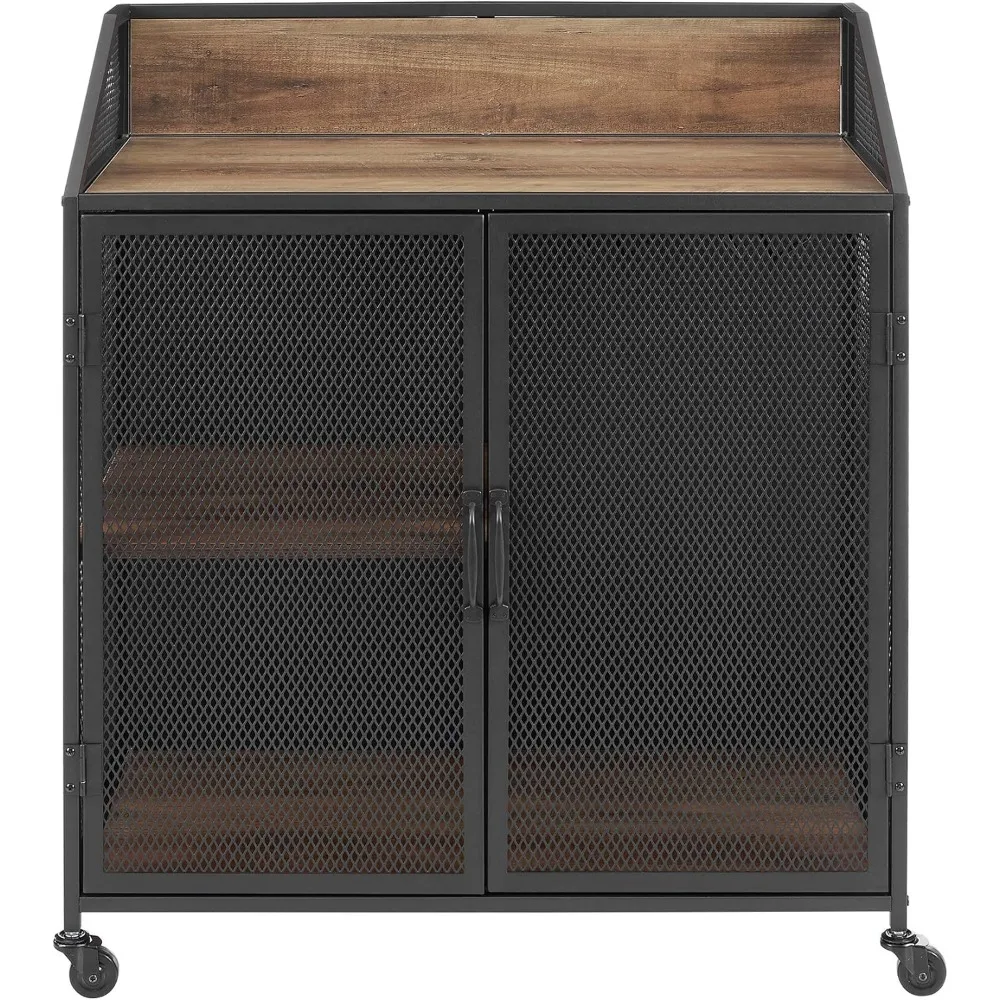 33 Inch Wine Refrigerator Urban Industrial Metal Mesh Double Door Rolling Bar Cabinet Rustic Oak Rack Racks Home Furniture
