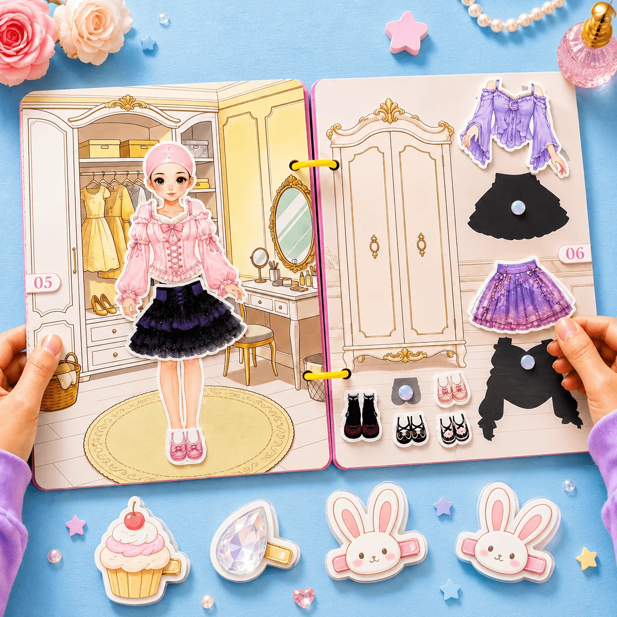 Kids Beauty Salon Sticker Book, Large 4-in-1 Interactive Quiet Book with 90+ Reusable Stickers for Hairstyle, Dress-up Workbook