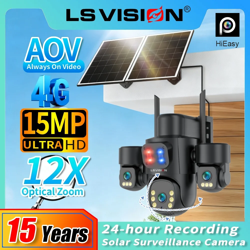 

LS VISION 24/7 Запись PTZ 4G Солнечная камера AOV 12X Zoom 15MP 3-экранные уличные камеры безопасности Автоматическое отслеживание аккумулятора Камера видеонаблюдения