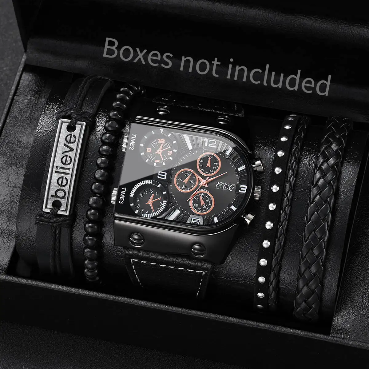 

4/5 шт. роскошные мужские часы с большим циферблатом, повседневный кожаный ремешок, кварцевые часы, мужской комплект браслетов, Reloj Hombre (без коробки)