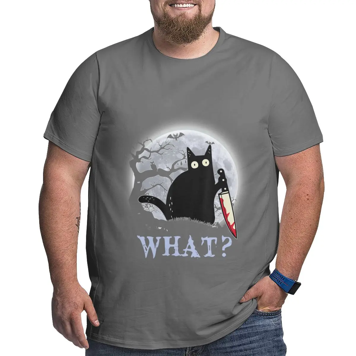 Cat What Murderous Black Cat With Knife T-Shirts for Men Kitten Lovers Cotton Big Tall Tees Short Sleeve T Shirt Big Size 6XL