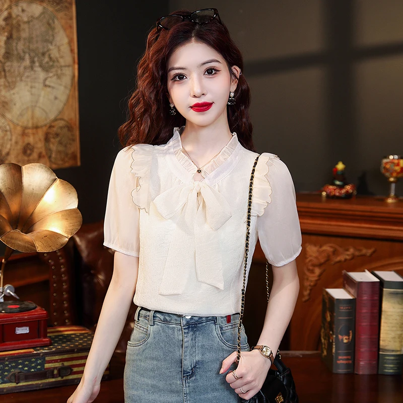 Bow Women Shirt Wooden Ear Standing Collar Blouse Lace Up Elegant White Shirts for Women Puff Sleeve Blouses Chiffon Ladies Tops