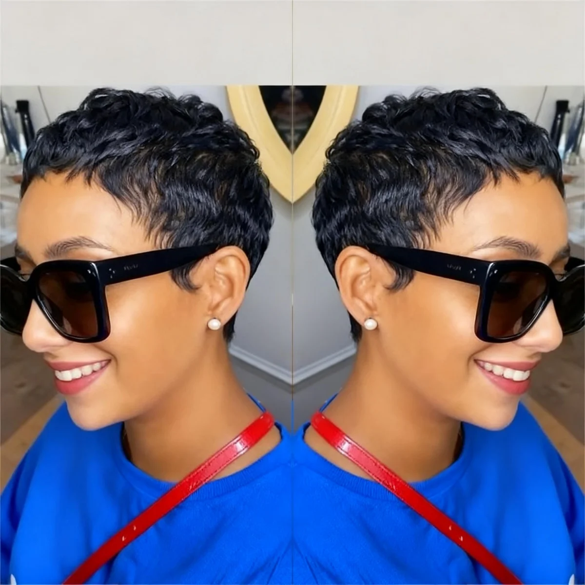 흑인 여성용 짧은 픽시 가발 스트레이트 인모 풀 머신 메이드 가발